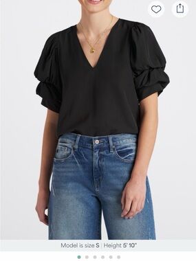 Black V-Neck Puff Sleeve Blouse